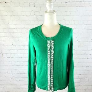 Banana Republic M Green Cardigan w/White Beading Long Sleeve Front Closure